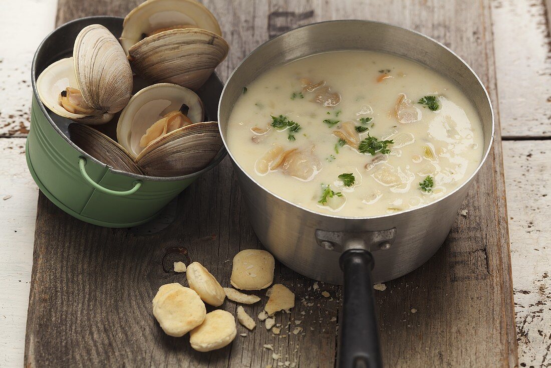 A pot of clam chowder