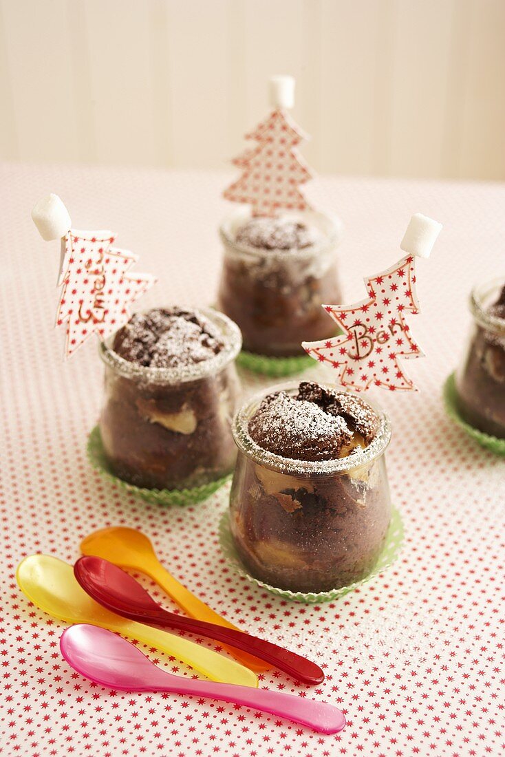 Mini chocolate cakes in glasses for Christmas