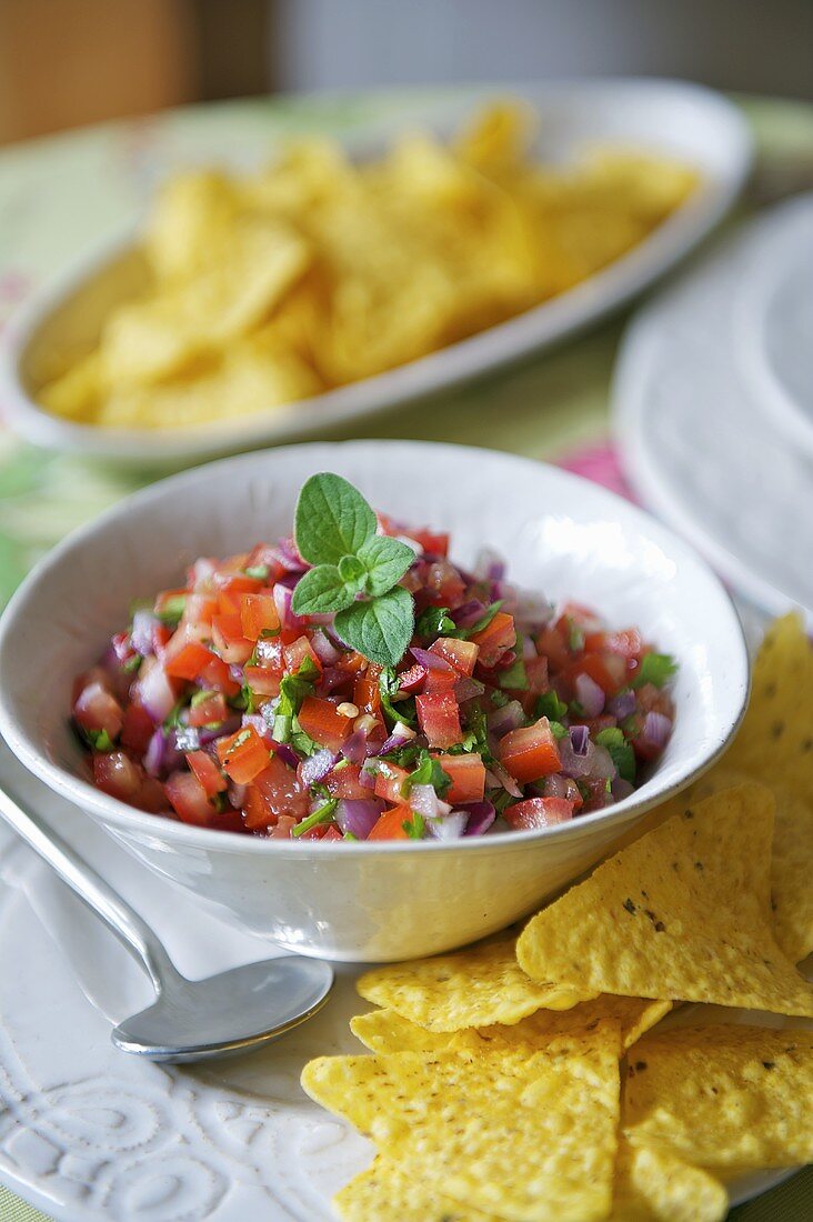 Tomatensalsa mit Zwiebeln und Tortillachips (Mexiko)