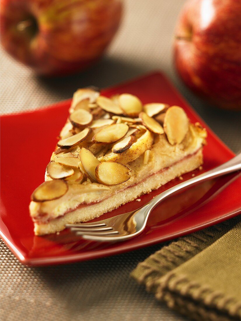 A piece of apple tart with almonds