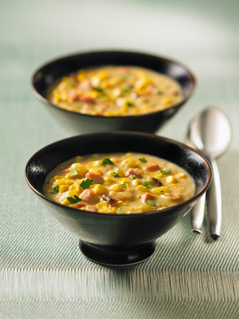 Two bowls of corn chowder