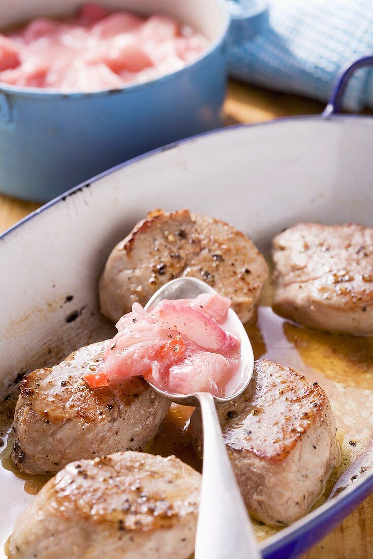 Pork medallions with chilli rhubarb