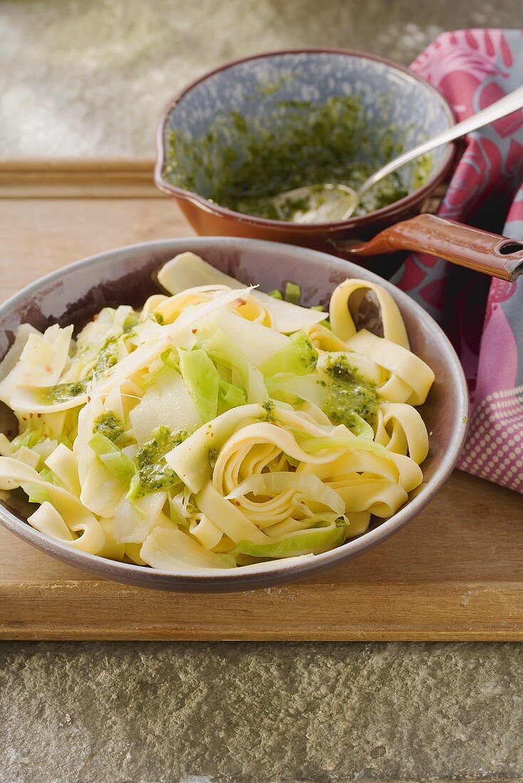 Tagliatelle with parsnips and a cabbage medley