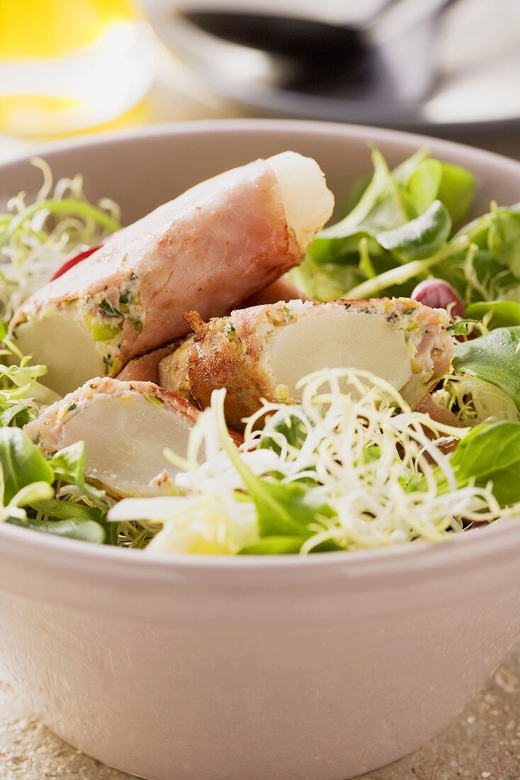 Black salsify and ham rolls with a winter salad