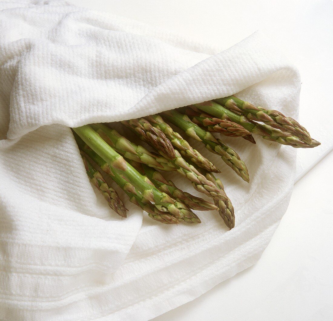 Keeping green asparagus spears fresh in a damp cloth