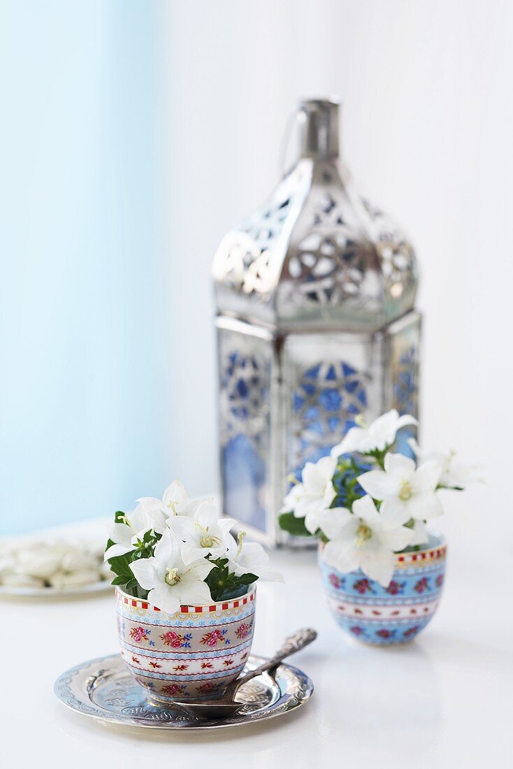 Oriental lantern with white flowers in egg cups