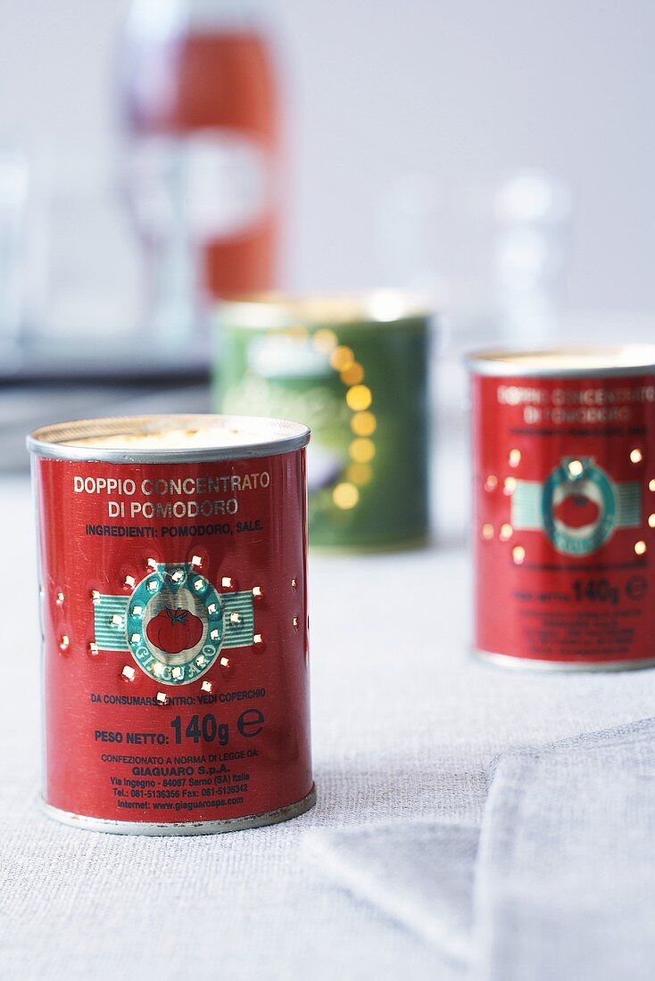 Tomato tins with a punched hole pattern