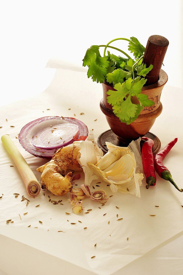 Ingredients for red curry paste (lemongrass, ginger, garlic, chilli pepper, coriander)
