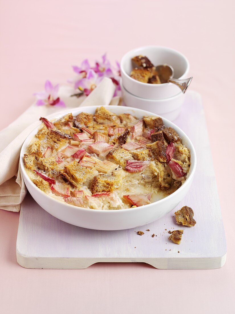 Rhubarb bread and butter pudding
