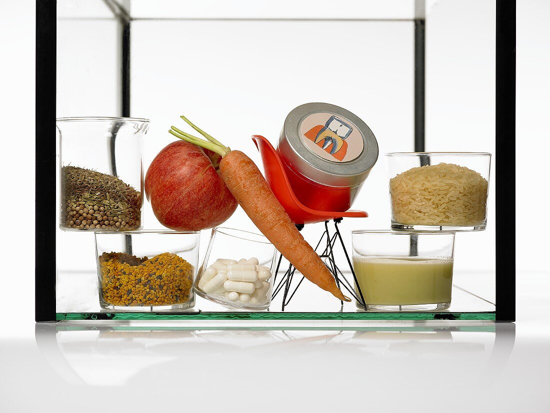 Assorted foods in a glass case