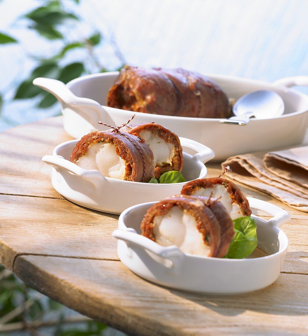 Ham-wrapped monkfish rolls
