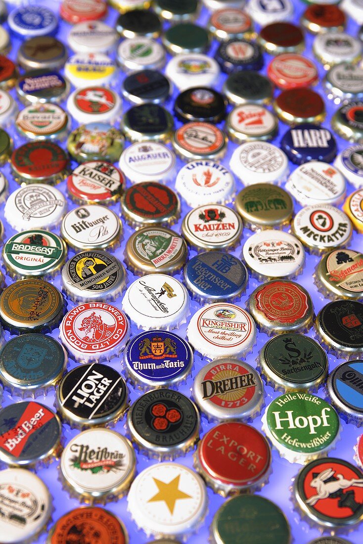 Bottle caps from different beers (full-frame)