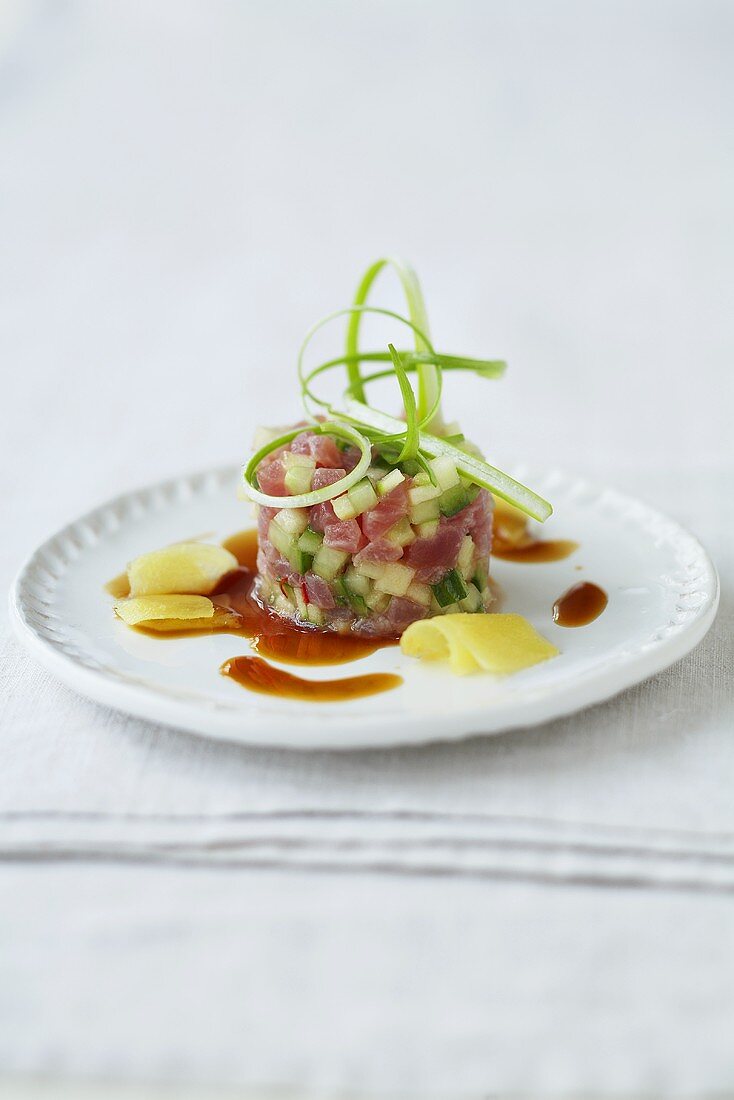 Tuna tartare with cucumber, apple and teriyaki sauce