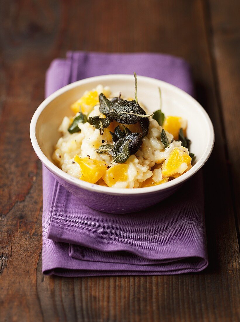 Pumpkin risotto with deep-fried sage
