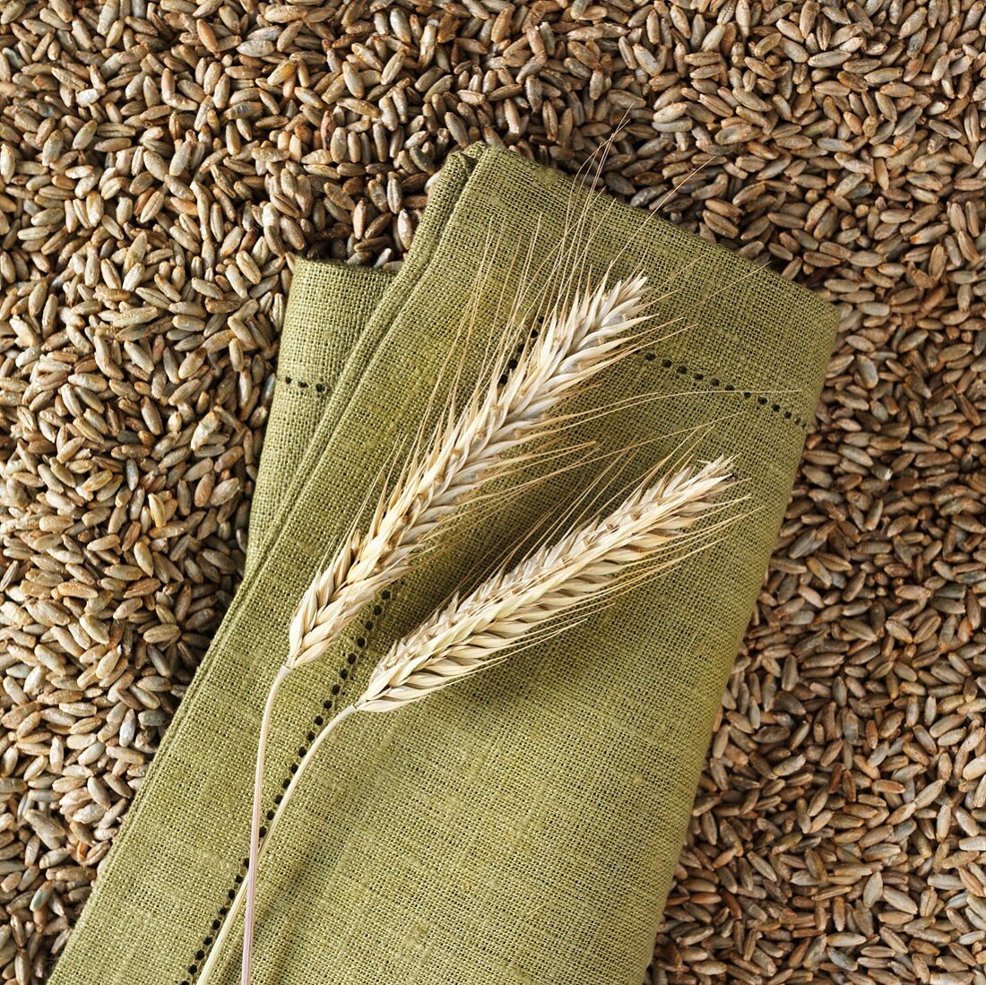 Ears of rye on napkin on rye grains