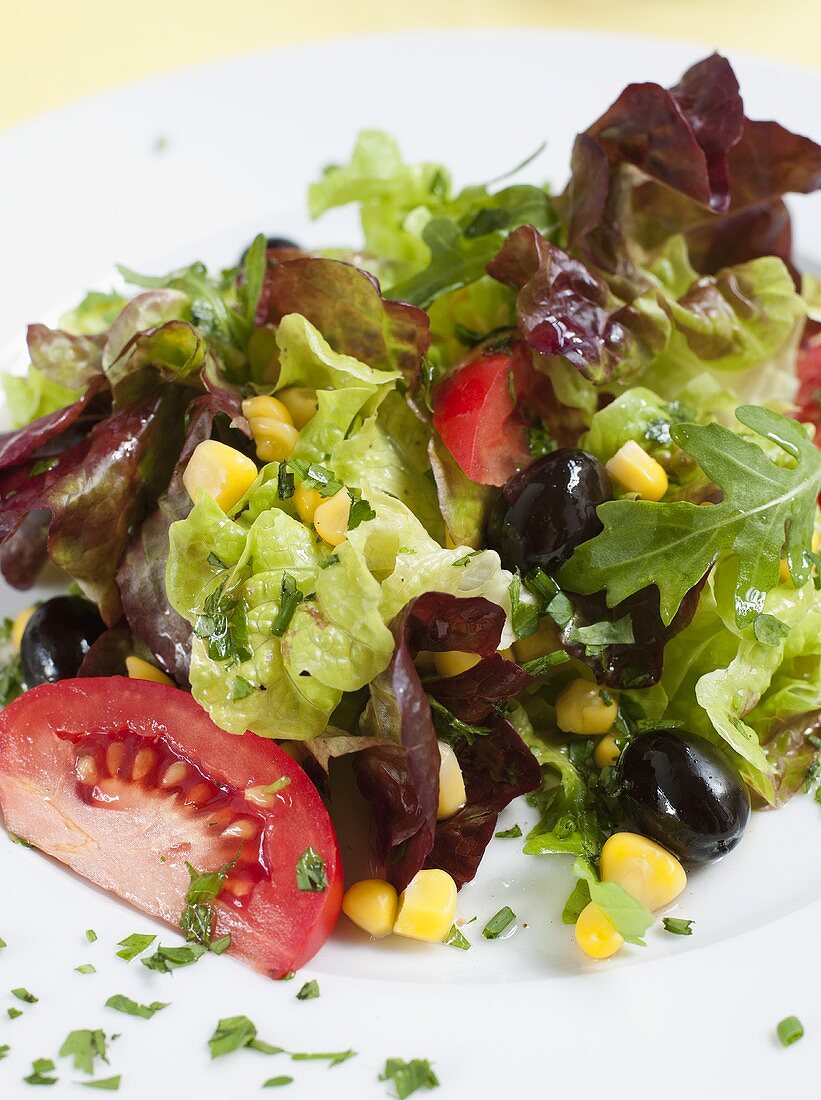 Blattsalat mit Mais, Tomaten und Oliven