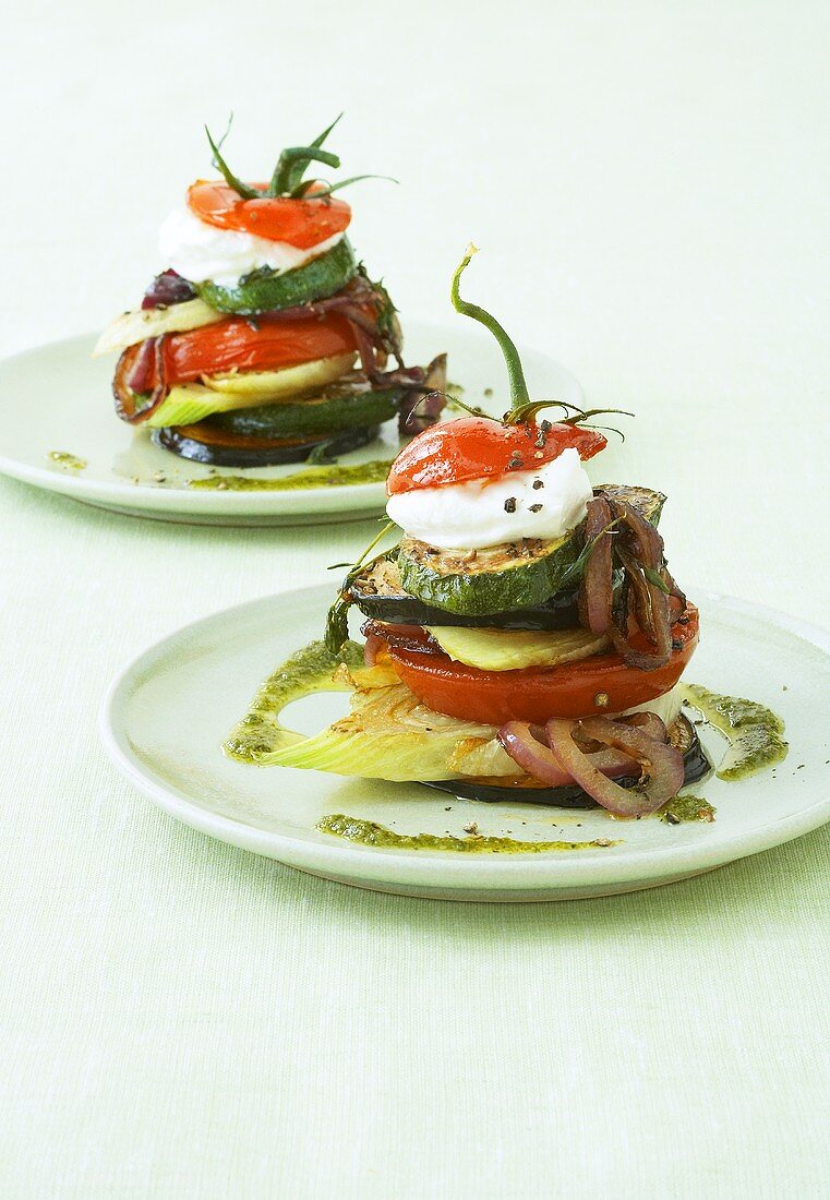 Vegetable tower with basil pesto