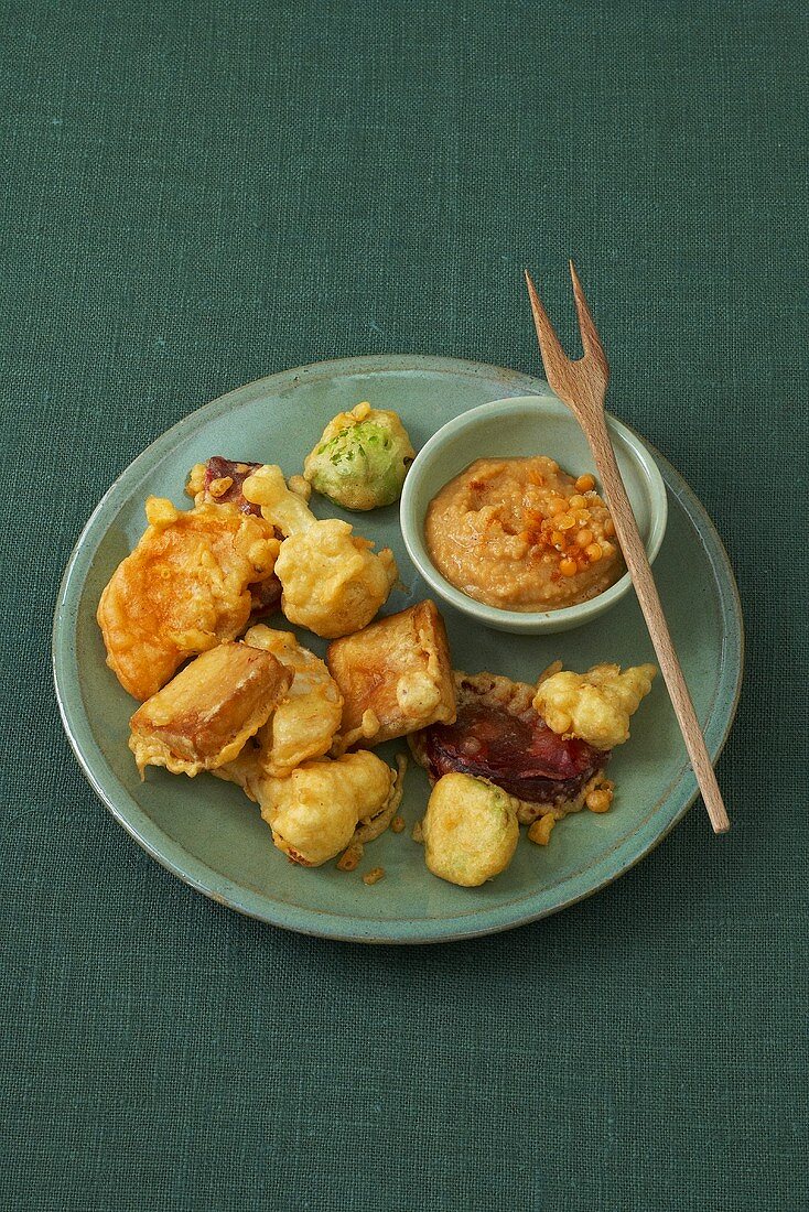 Vegetable fritters with lentil dip