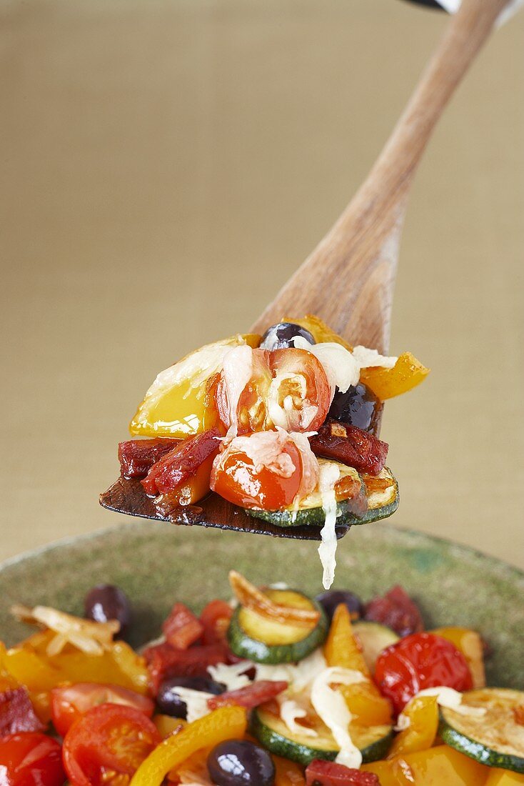 Pan-fried vegetables with chorizo and Manchego