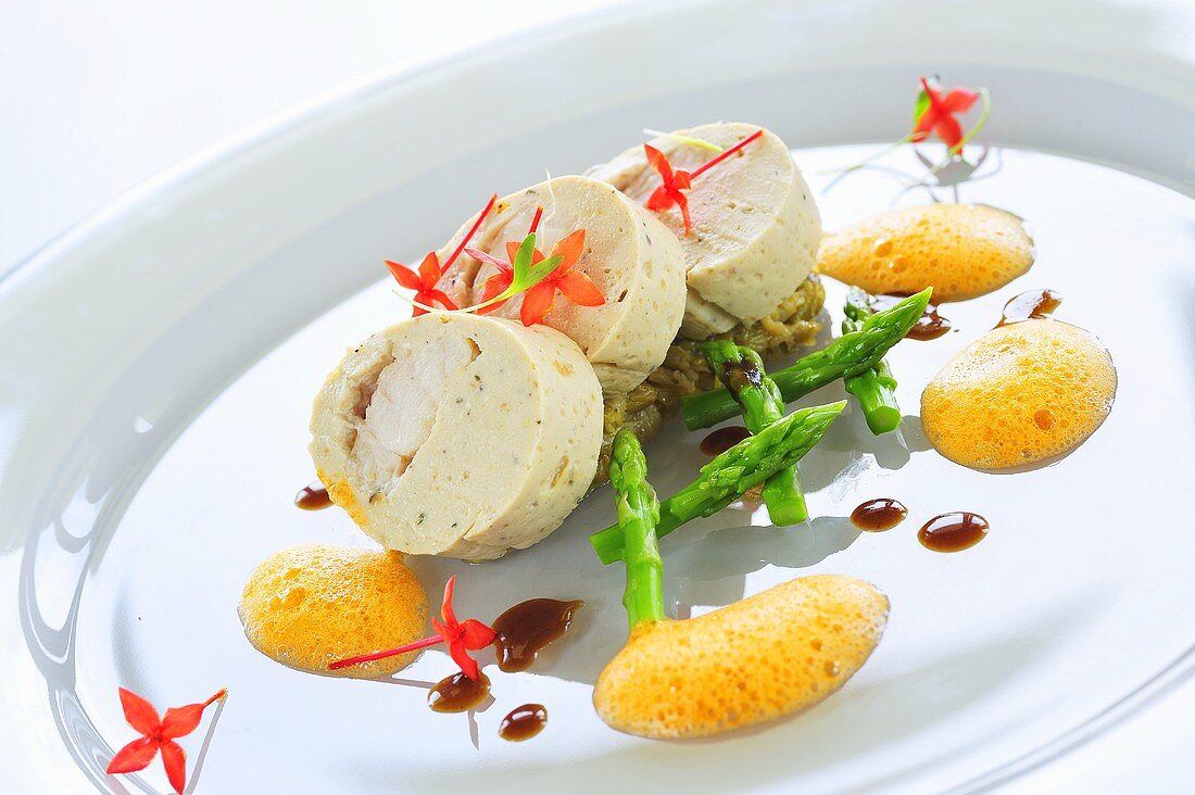 Lobster and mushroom mousse stuffed with poached monkfish