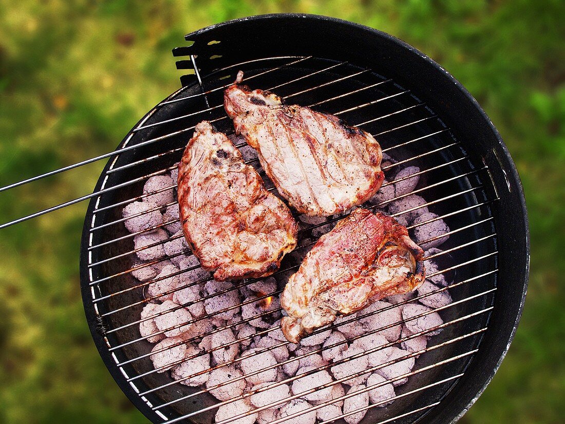 Pork chops on charcoal barbecue