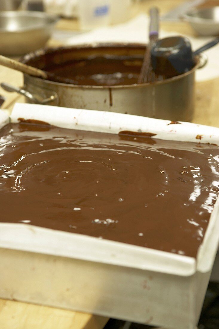 Chocolate mixture in baking tin