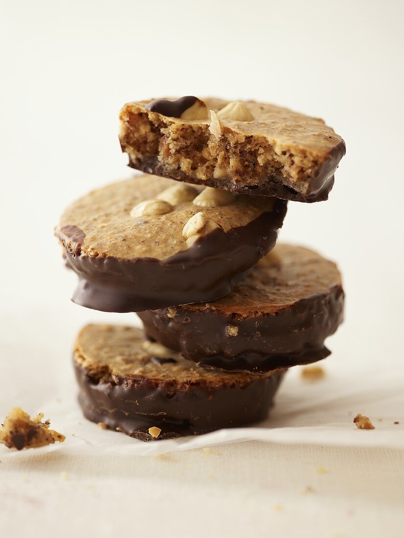 Hazelnut biscuits with chocolate, stacked