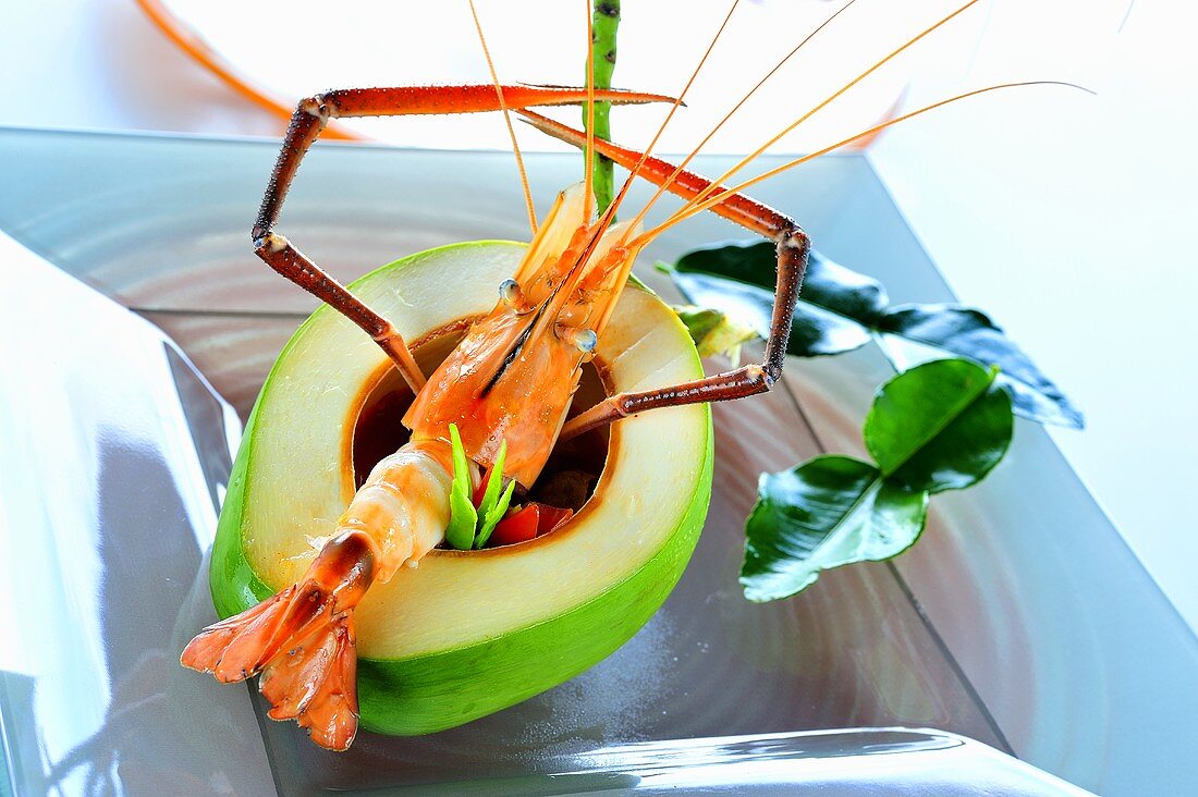 Spicy prawn soup in hollowed-out avocado (Thailand)
