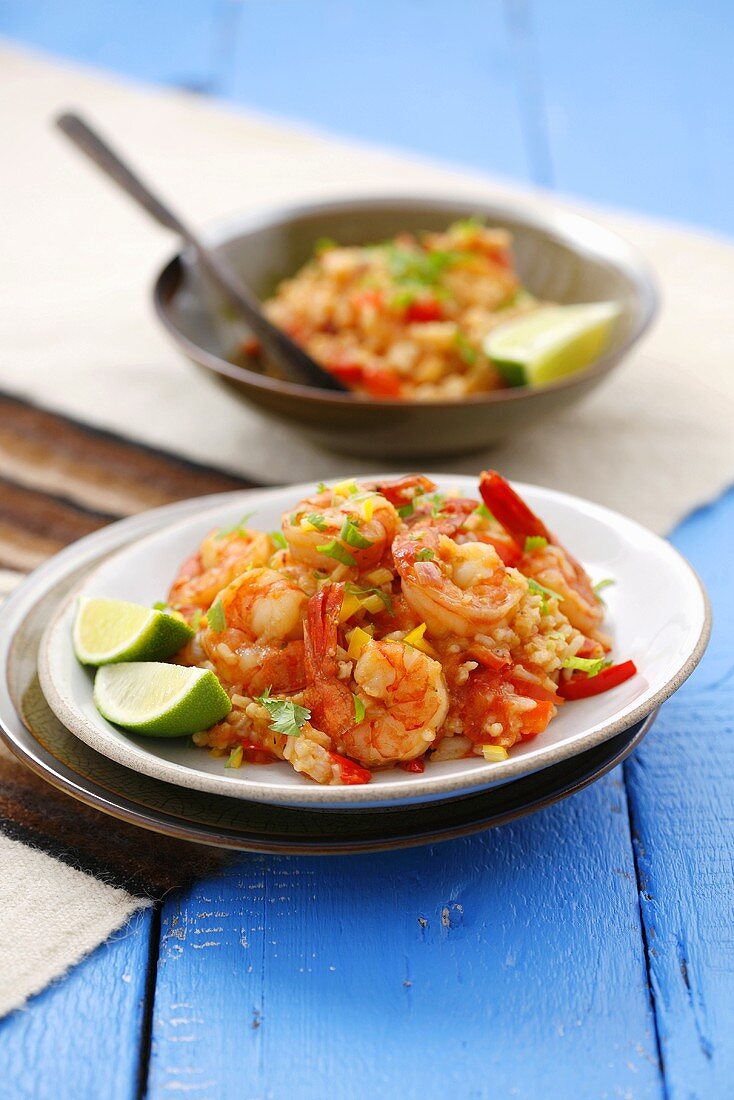 Reis mit Shrimps, Paprika, Chili und Koriander (Peru)