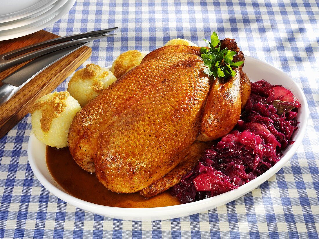 Duck with red cabbage and potato dumplings