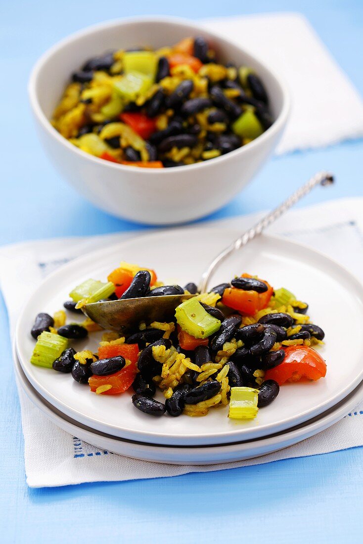 Black beans with rice and vegetables, Venezuela