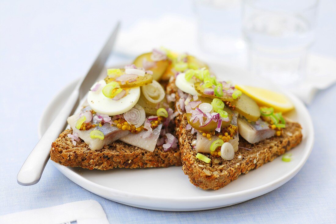 Getoastetes Vollkornbrot mit Hering, Senf, Ei, Gewürzgurke