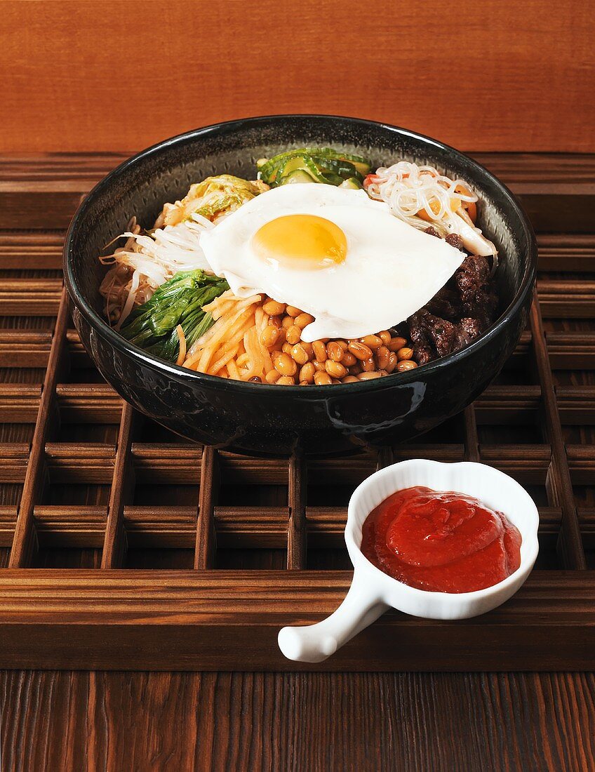 Bibimbap (Rice with vegetables, meat and egg, Korea)
