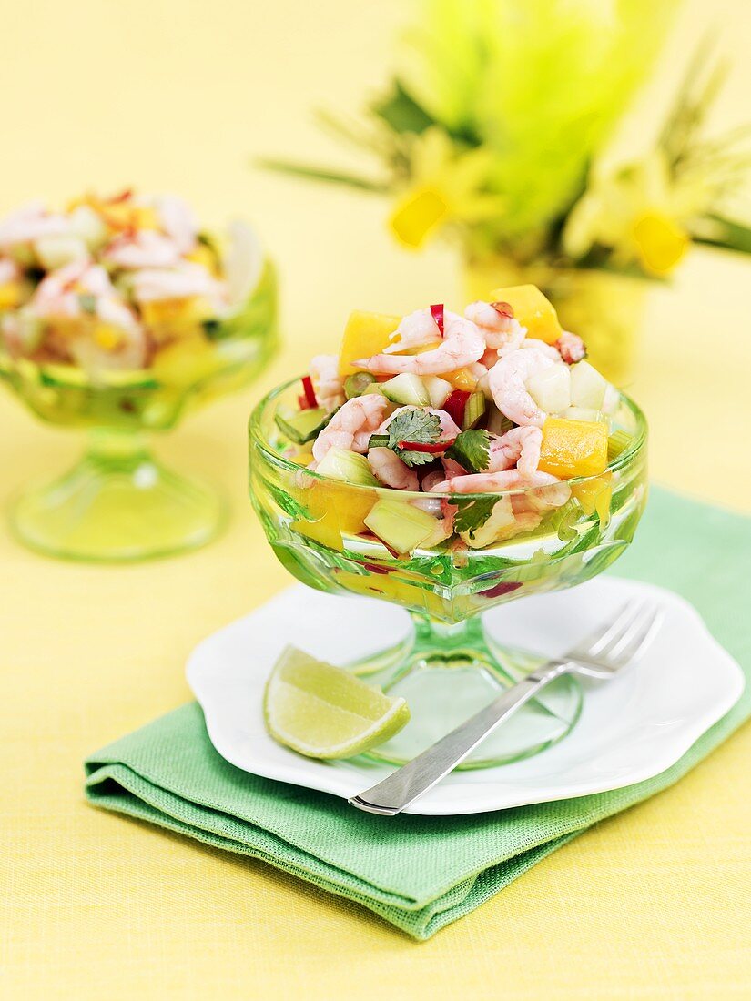 Shrimp cocktail with cucumber and mango
