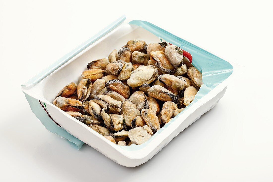 Frozen mussels in opened packaging