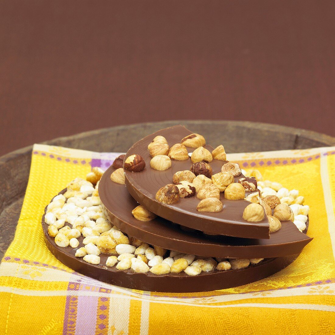 Chocolate with hazelnuts and with puffed rice