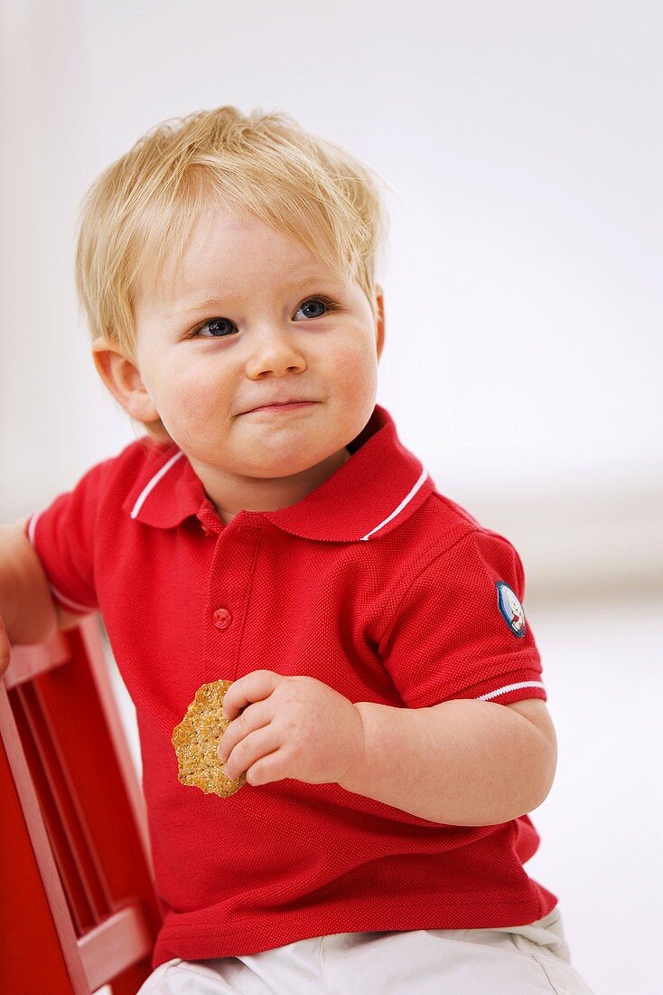 Little boy holding a cookie