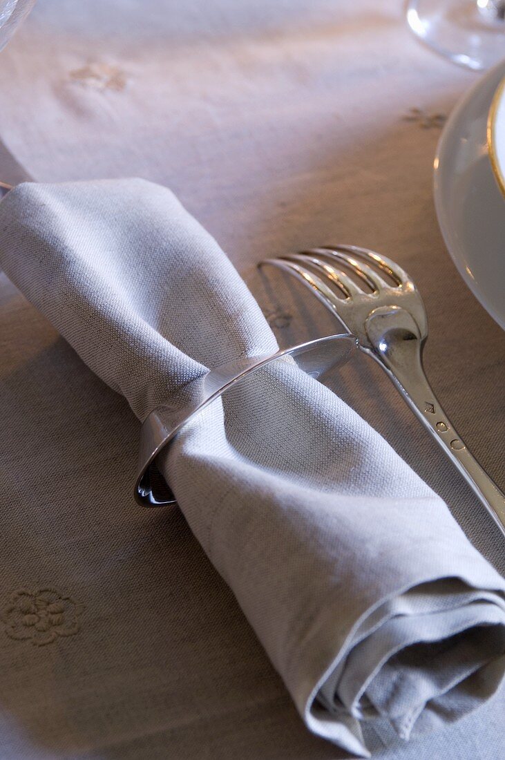 Fabric napkin with napkin ring and silver fork