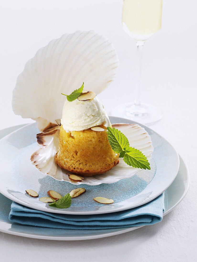 Small savarin with cream served in a shell
