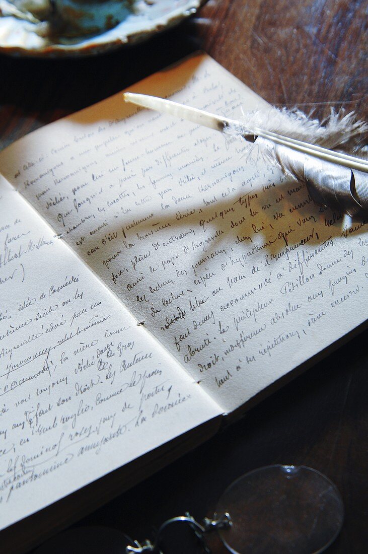 Handwritten book with feather, Alphonse Daudet Museum (Ardèche, France)