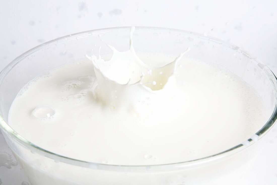 Milk splash in glass bowl
