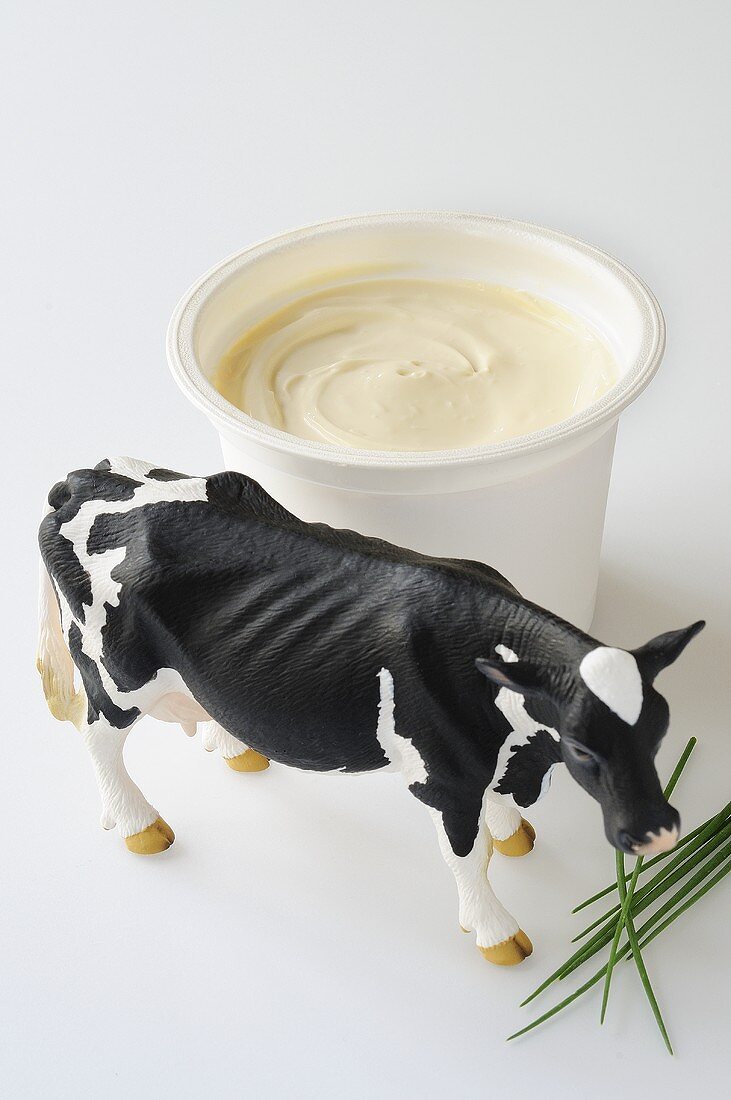 Creme fraiche im Becher, Kuhfigur