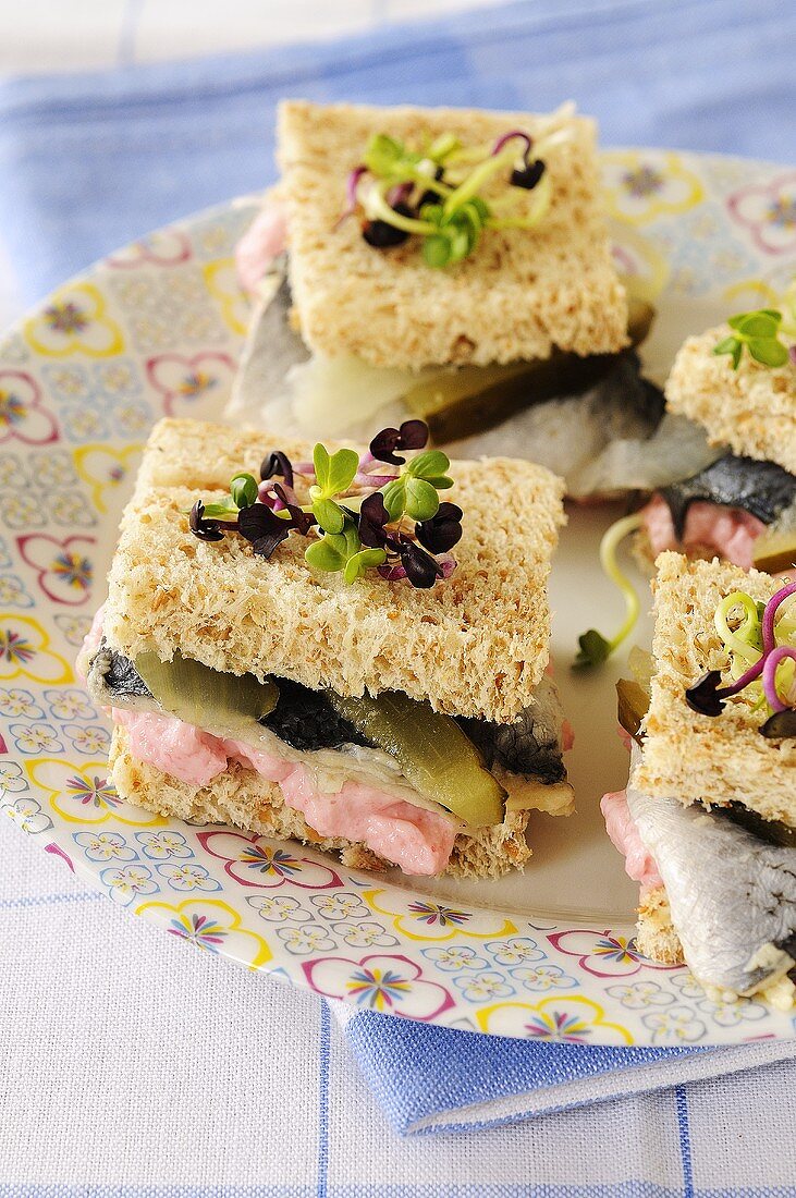 Sandwiches mit Fischrogenpaste, Rollmops, Radieschensprossen