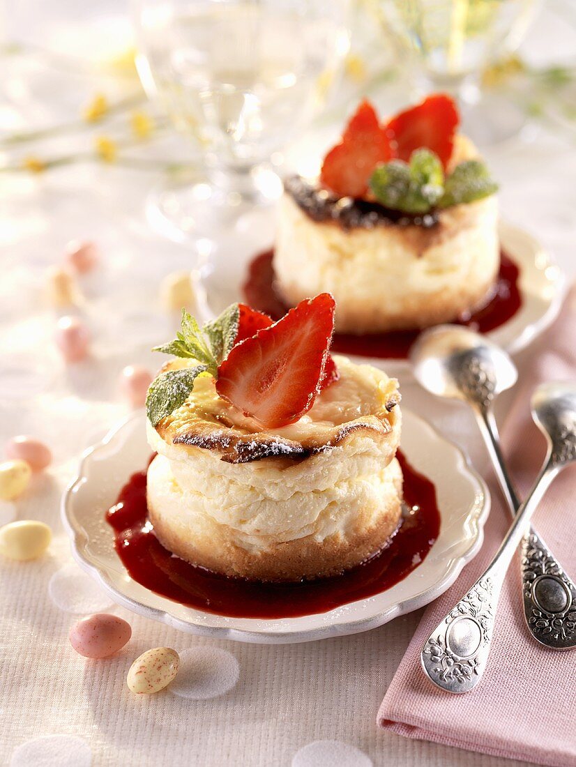 Individual cheesecakes on berry sauce