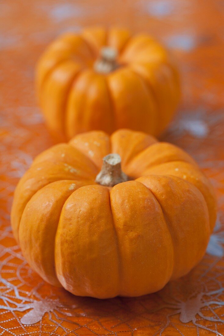 Two pumpkins on cobweb-patterned tablecloth