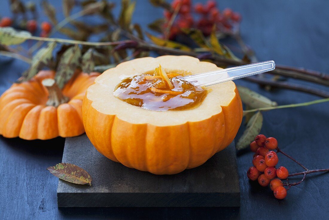 Pumpkin and ginger jam in hollowed-out pumpkin