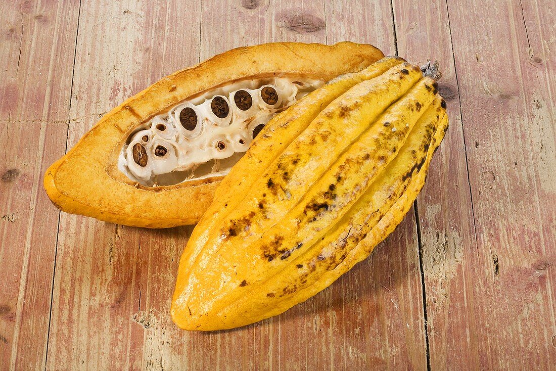 Cacao fruit, halved