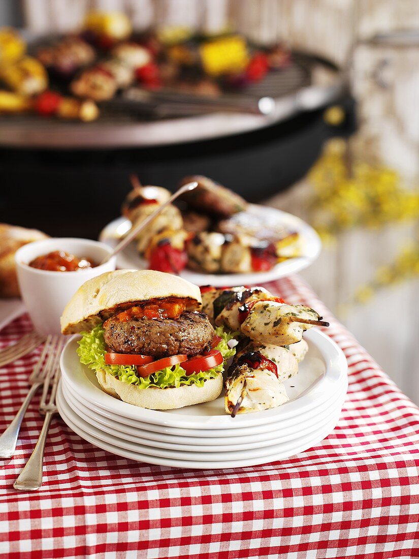 Grilled hamburger and kebabs