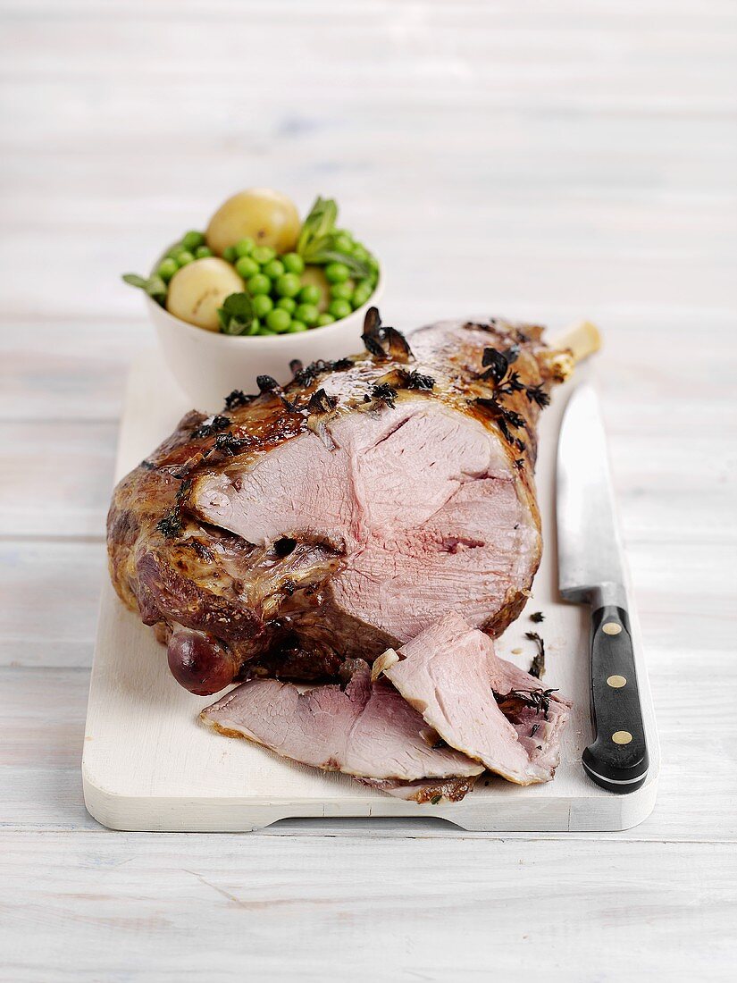 Roast leg of lamb, partly carved