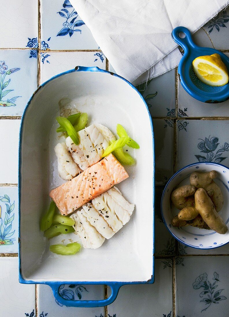 Lachs und Steinbutt mit Stangensellerie, Bamberger Hörnchen